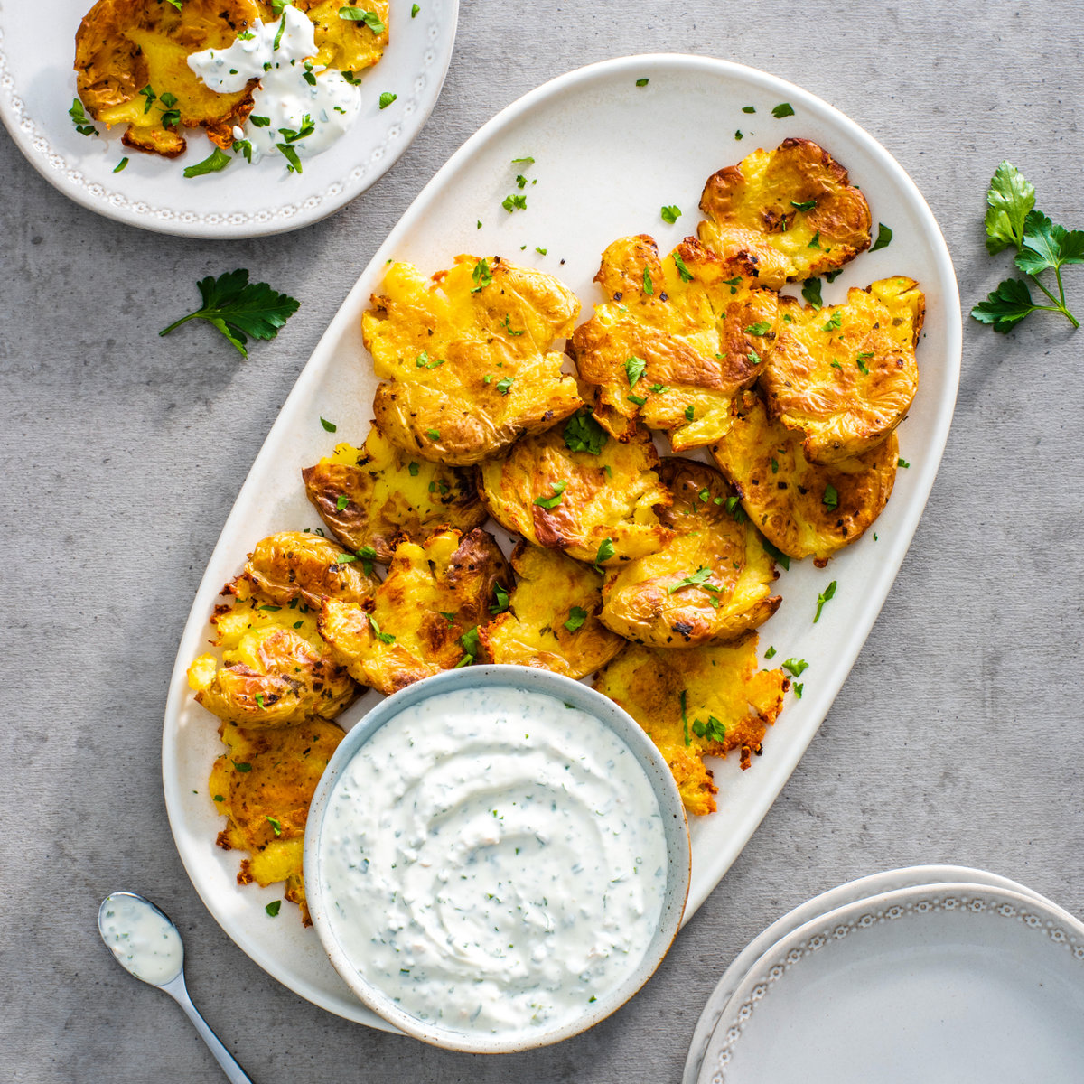 Crispy Herb Smashed Potatoes with Sour Cream and Chive Dip